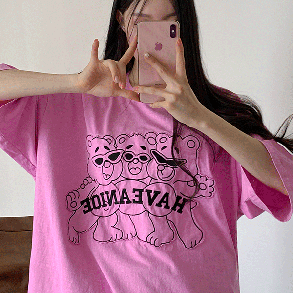 [남녀공용,오버핏,고퀄리티,통통,77-88] 세마리 곰 피그먼트 박시핏 반팔 티셔츠[무료배송]