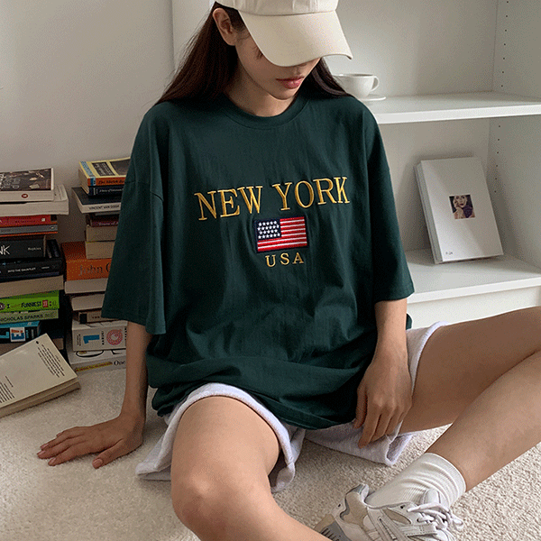 [무료배송]자수 뉴욕 박시핏 반팔 티셔츠 - t