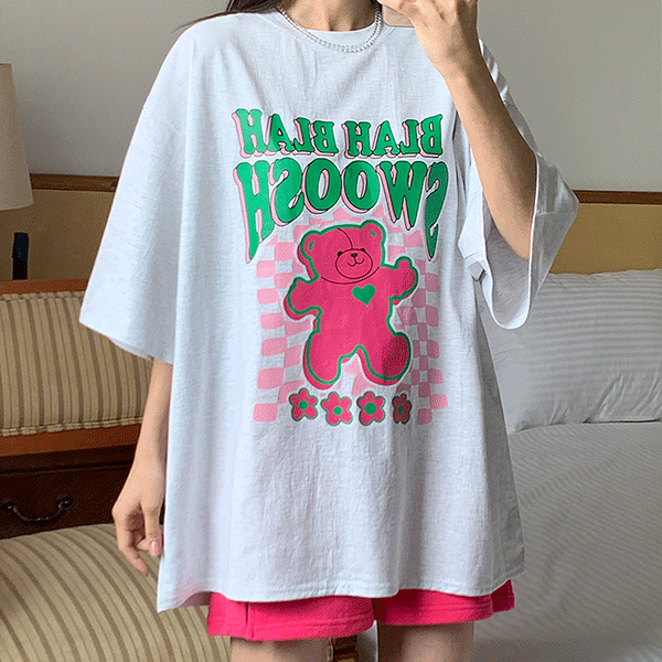 스우 핑크 곰돌이 베어 박시핏 반팔 티셔츠 - t(오버핏,통통,귀여운,신상,오버핏) [무료배송]