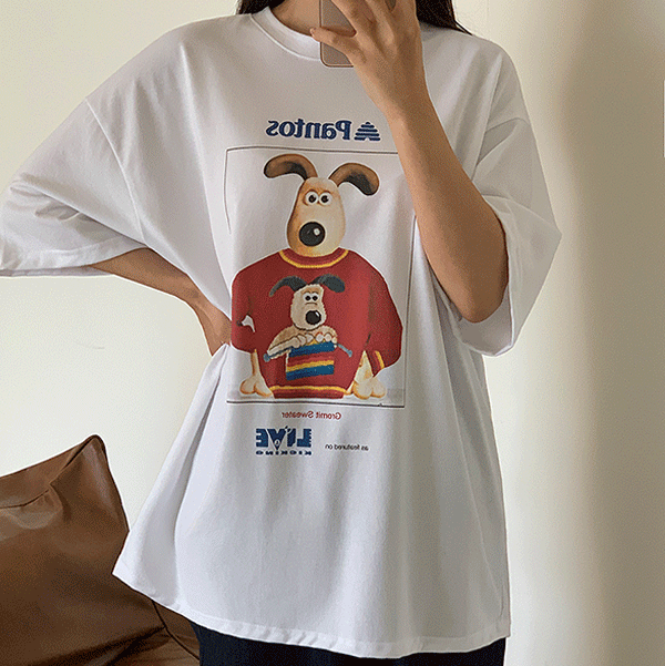 니트 강아지 박시핏 반팔 티셔츠 - t(남녀공용,빅사이즈,66-77,오버핏)  [무료배송]